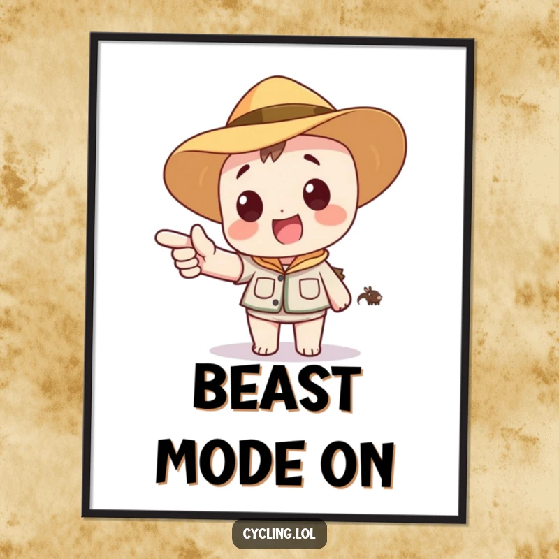 Funny digital art print of a character in a safari hat, excitedly pointing to a distant, cartoon animal, ideal for adventure-themed decor.