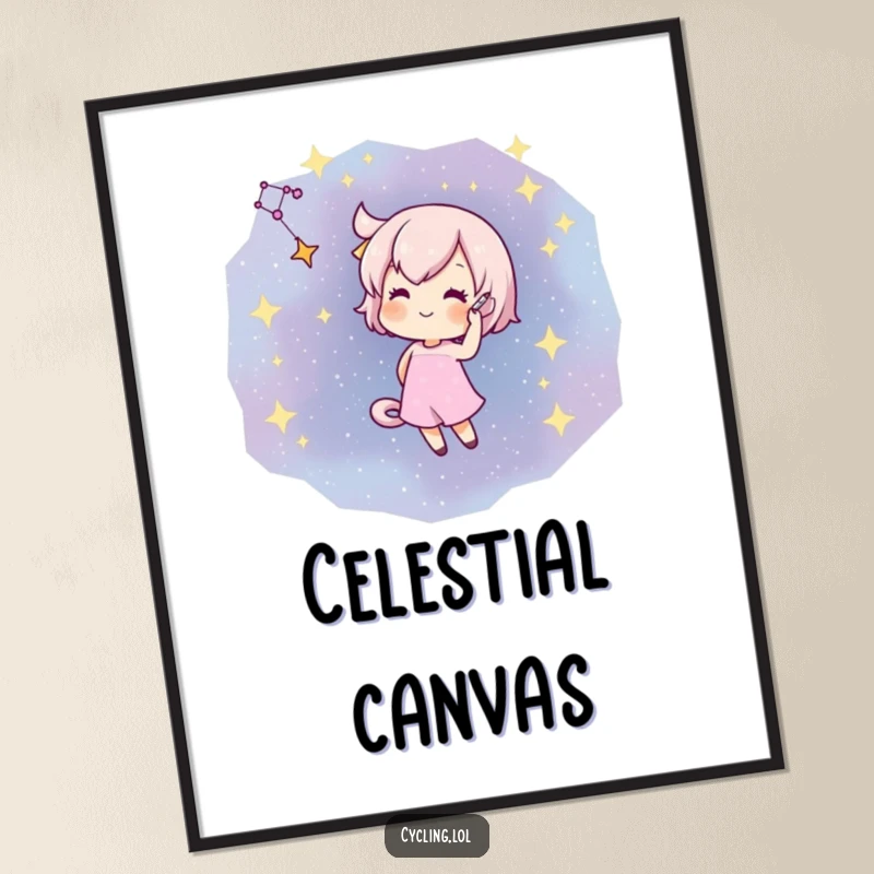 Funny digital art print of a character artistically drawing a constellation with a flourish on a star-filled night sky.