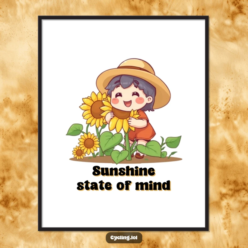 Funny digital art print of a character in a straw hat, happily nurturing a giant, smiling sunflower, ready to be framed.