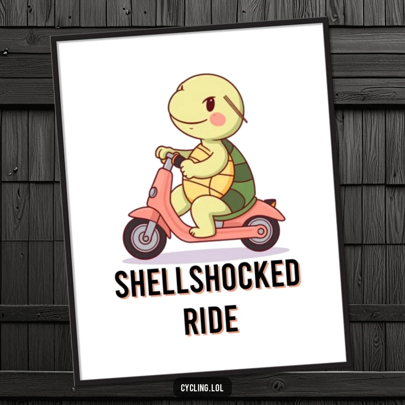 Funny digital art: A cheerful turtle riding a scooter backwards, capturing humorous unconventional progress.