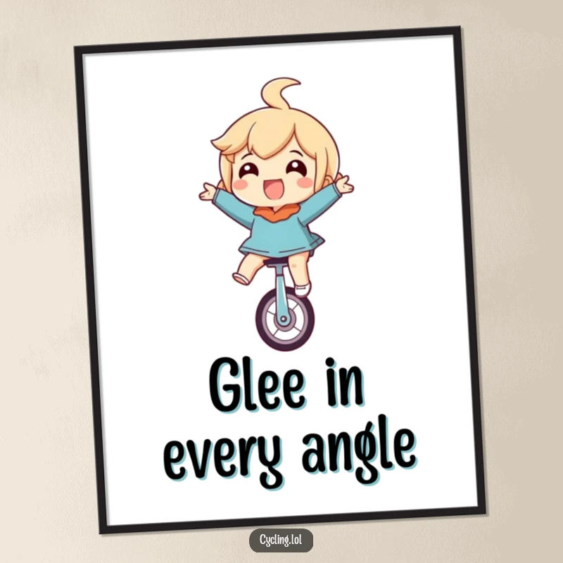 Funny digital art print of a character riding a unicycle upside down, eyes wide with glee, capturing a moment of ecstatic, inverted happiness.