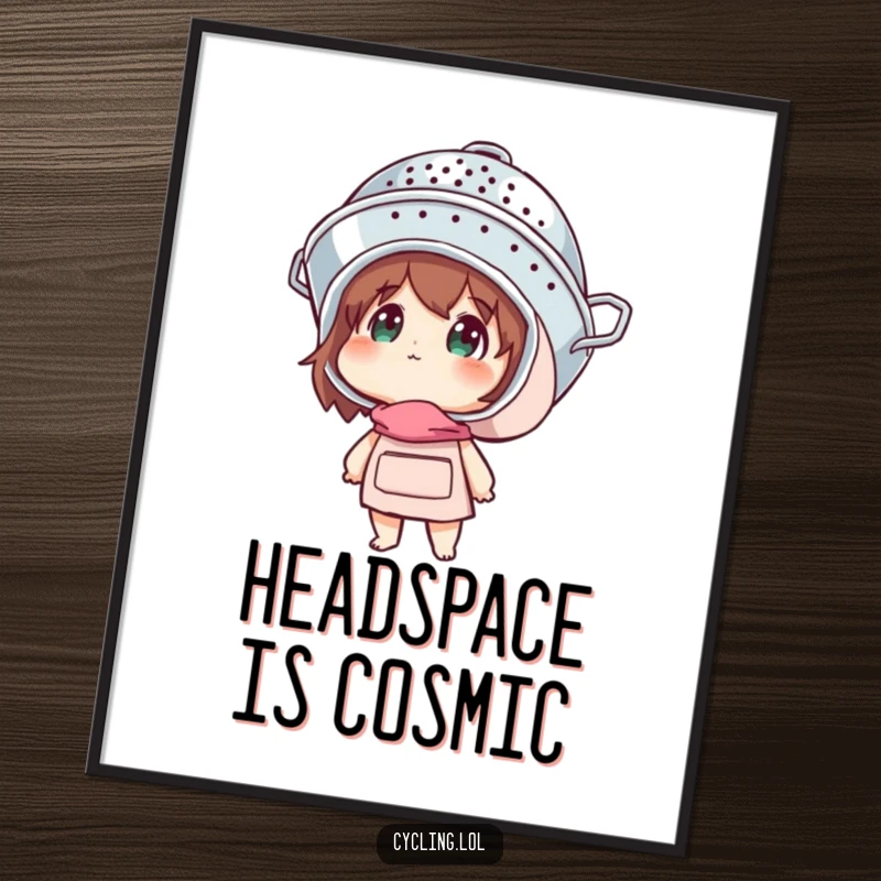 Funny digital art print of a character wearing a colander helmet and looking up with wonder, capturing awe.