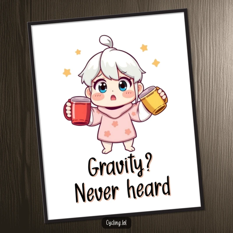 Funny surprised character juggling three colorful mugs as digital art, offering instant humor and visual appeal for screens.