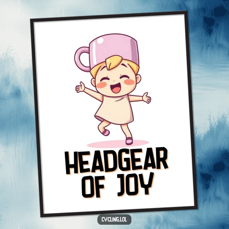 Funny character wearing a mug as a hat, dancing with glee, as digital art, perfect for adding festive energy.