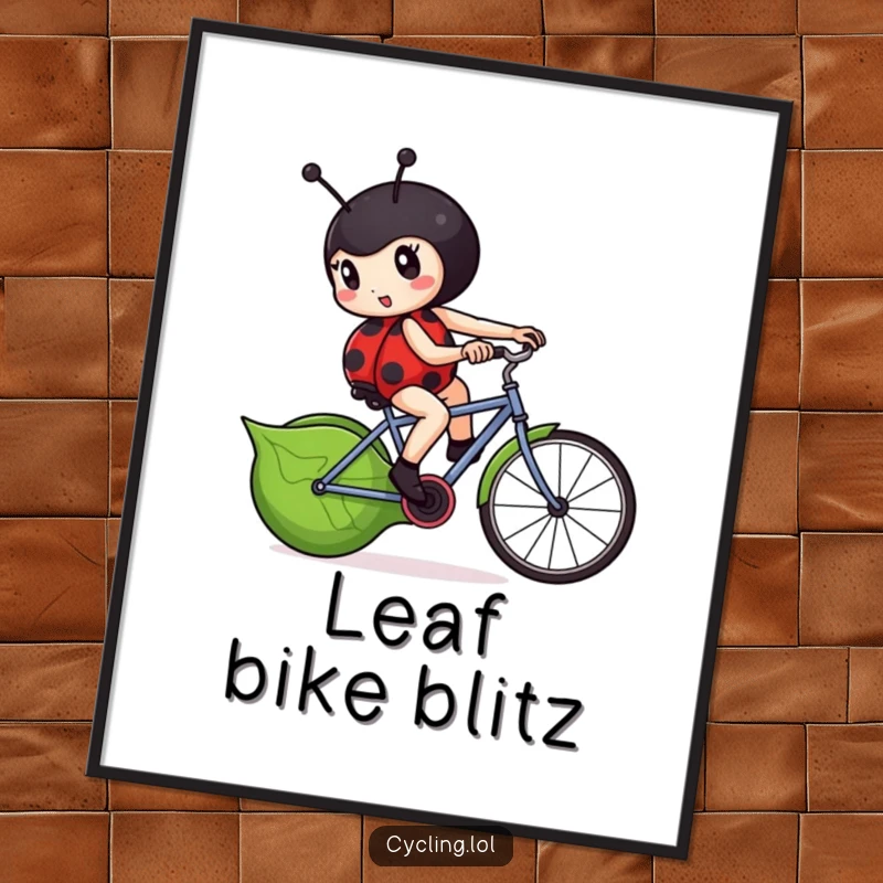 Funny ladybug digital art print featuring a determined ladybug furiously pedaling a leaf-shaped bicycle.