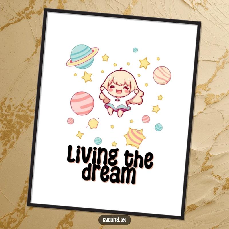 Funny digital art print of a character joyfully floating among cartoonish stars and planets, radiating happiness.