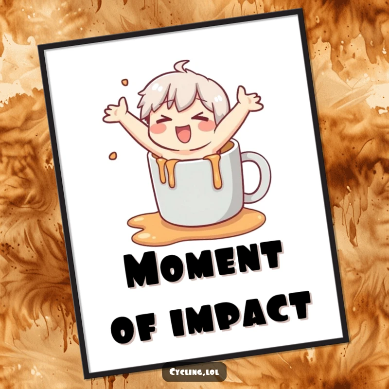 Funny digital art print of a character comically slipping on spilled liquid, arms flailing wildly, a perfect piece of humorous decor.