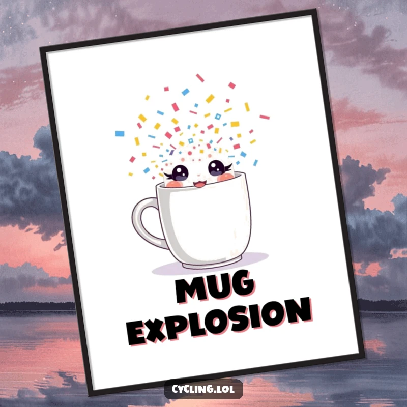 Funny digital art print of a character with sparkling eyes bursting from a mug with confetti, offering instant energetic celebration and humor.