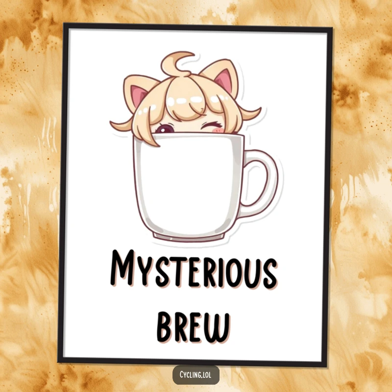 Funny character peeking over a mug brim and winking, as digital art, perfect for adding cheeky charm and playful vibes.
