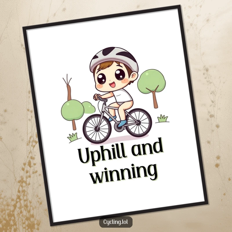 Funny digital art print of a character with wide, delighted eyes, joyously pedaling a bicycle uphill, vibrant and full of life.