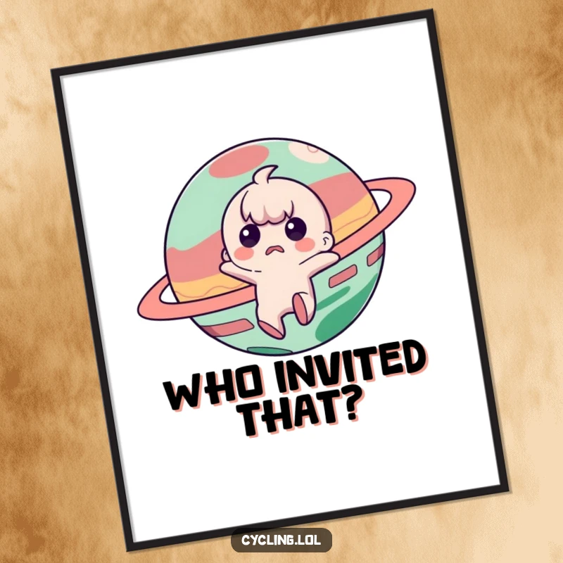 Funny digital art print of a startled character surprised by a mischievous planet, evoking a humorous encounter.