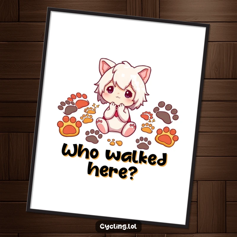 Funny digital art print of a character surrounded by various animal footprints, looking thoughtfully, ideal for nature-themed decor.