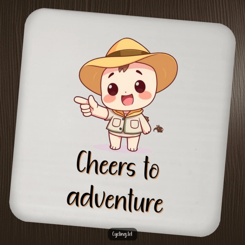 Funny drink coaster with a character in a safari hat, excitedly pointing to a distant, cartoon animal, protecting surfaces with adventure vibes.