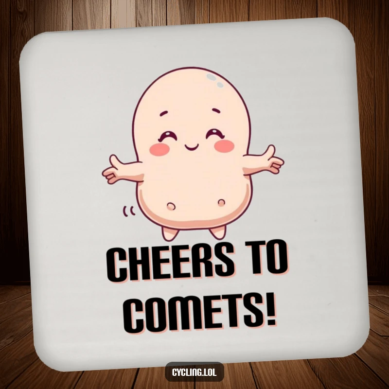 Funny drink coaster featuring a character embracing a smiling comet, protecting surfaces with a dose of cosmic humor.