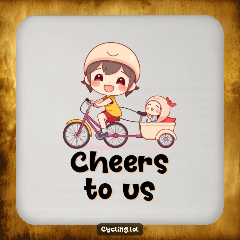 Funny bicycle drink coasters depicting a beaming character happily pulling a laughing passenger in a trailer.