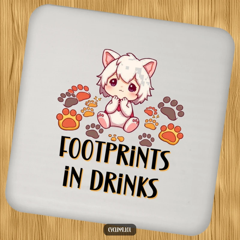 Funny drink coaster with a character surrounded by animal footprints, looking thoughtfully, protecting surfaces with nature vibes.