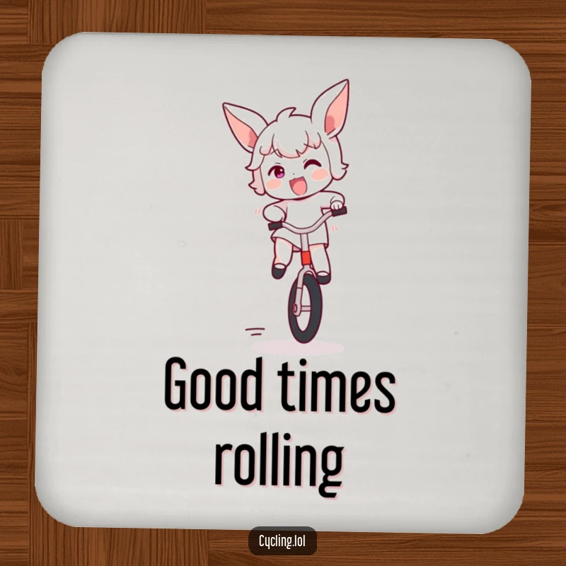 Funny drink coaster with a character bouncing on a unicycle, ears flapping with excitement, adding a fun element to drink placement.