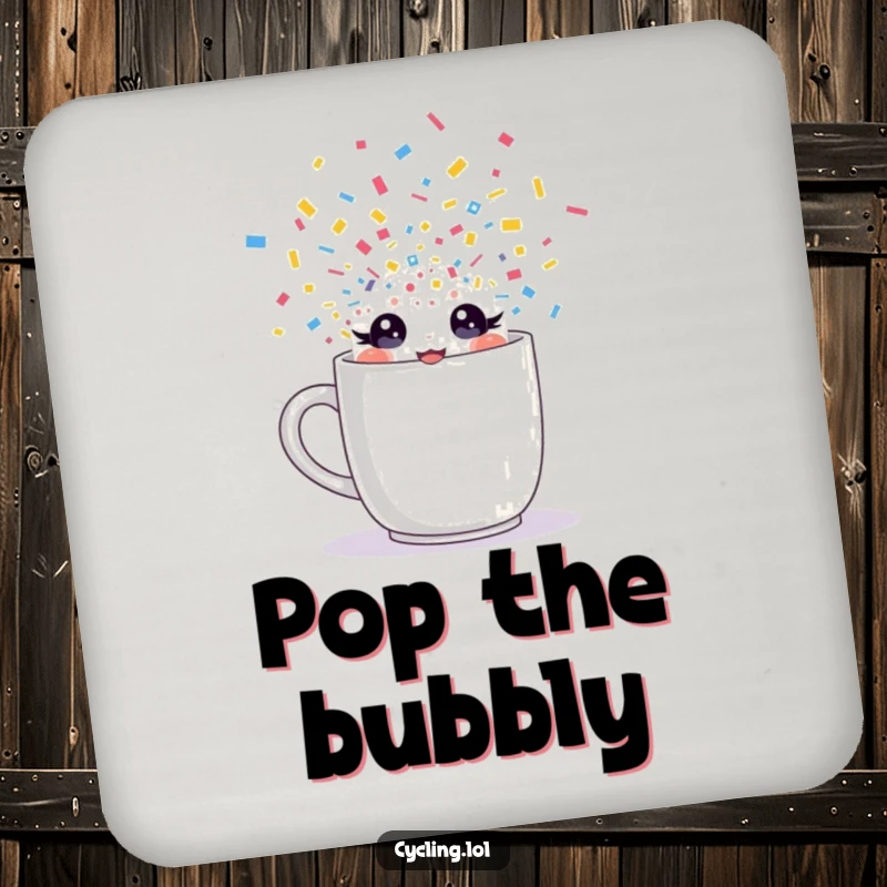 Funny coaster featuring a character with sparkling eyes bursting from a mug with confetti, protecting surfaces with a dose of playful celebration.