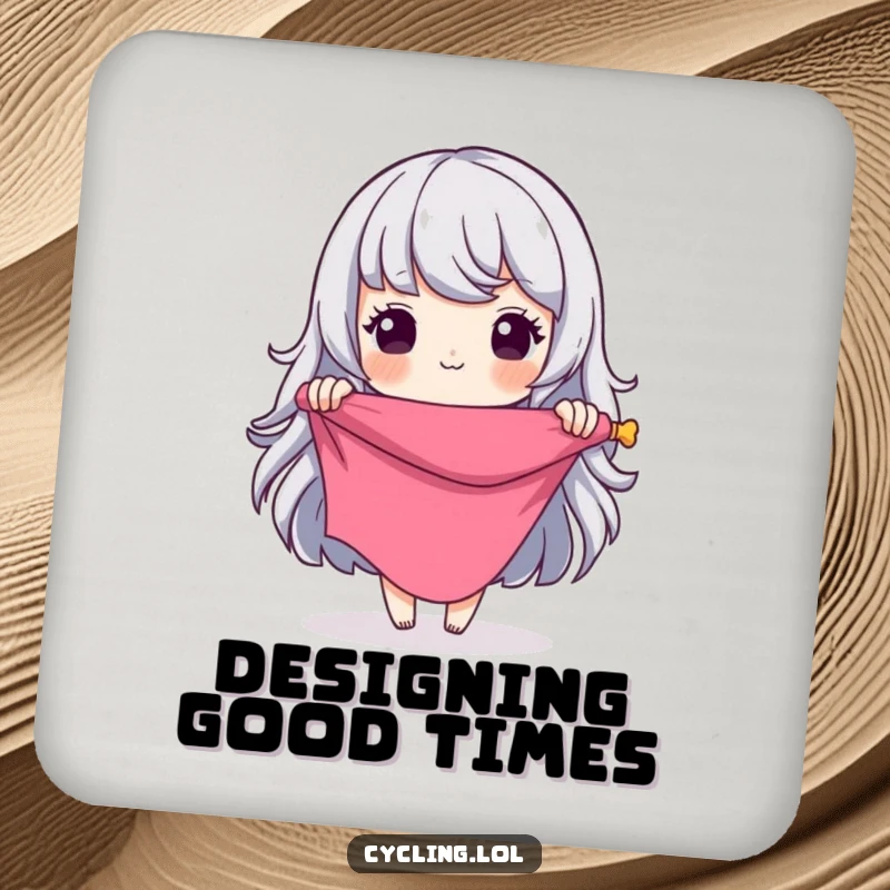 Funny Drink Coaster: Seamstress character unfurling fabric, envisioning a grand, humorous design, protecting surfaces with style.