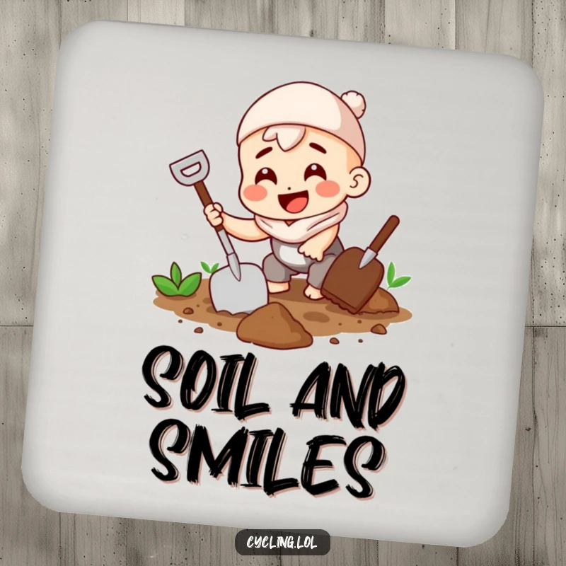 Funny drink coaster depicting a character digging in the soil with a trowel and a big grin, adding humor to tables.