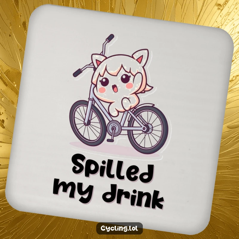 Funny drink coaster featuring a Kawaii character falling backward off a wobbly bicycle, designed for surface protection with a comical touch.