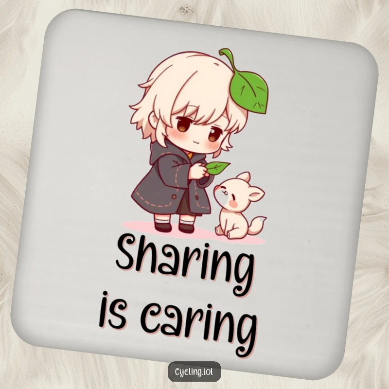 Funny drink coaster with a character gently offering a leaf to a small, grateful animal, protecting surfaces with kindness.
