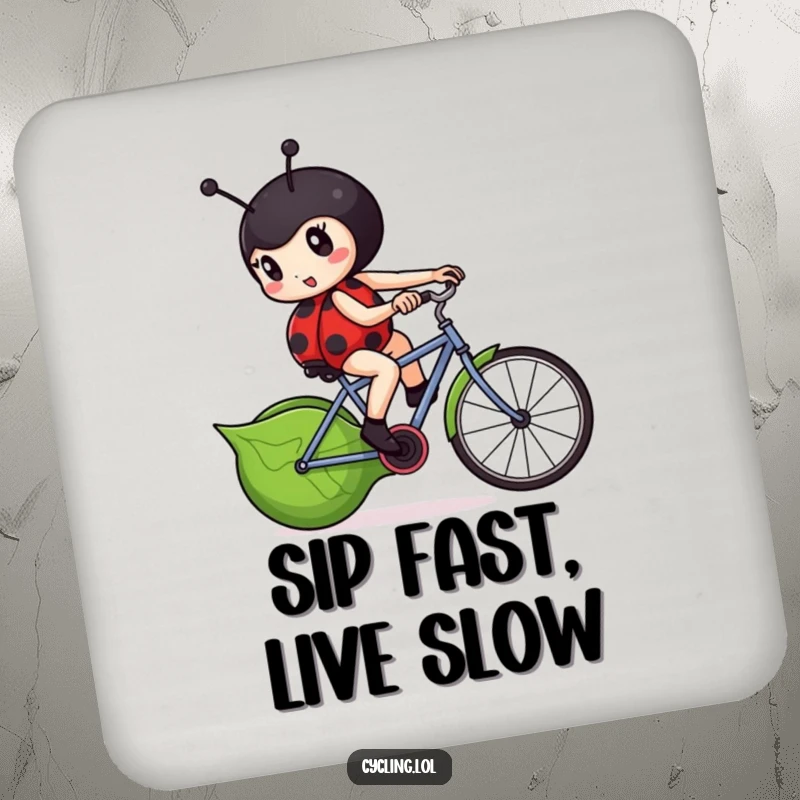 Funny ladybug coaster showing a determined ladybug furiously pedaling a leaf-shaped bicycle.