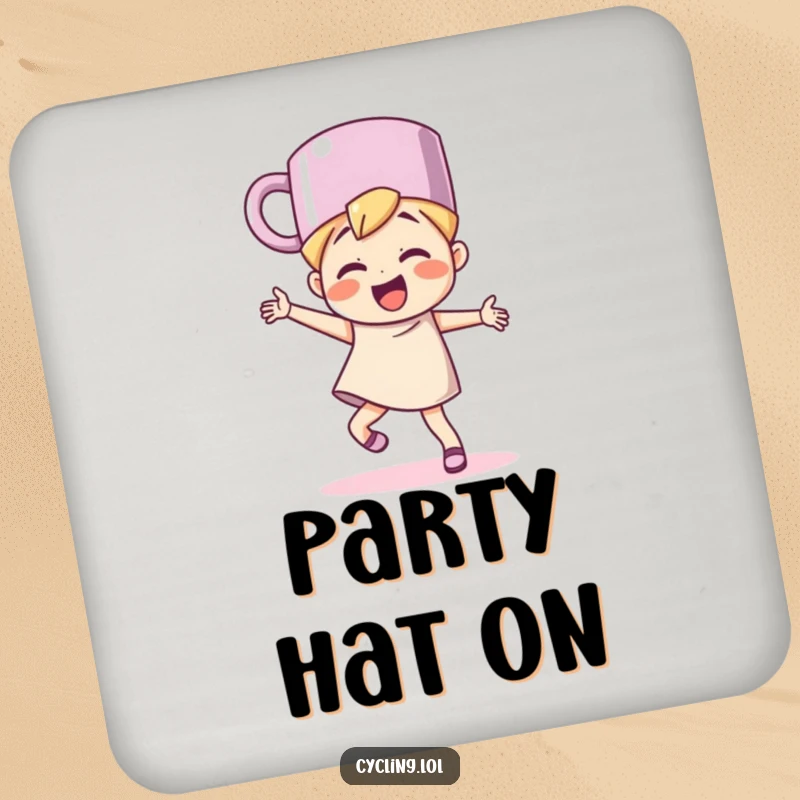 Funny character wearing a mug as a hat, dancing with glee, on a drink coaster, adding a playful touch to surfaces.