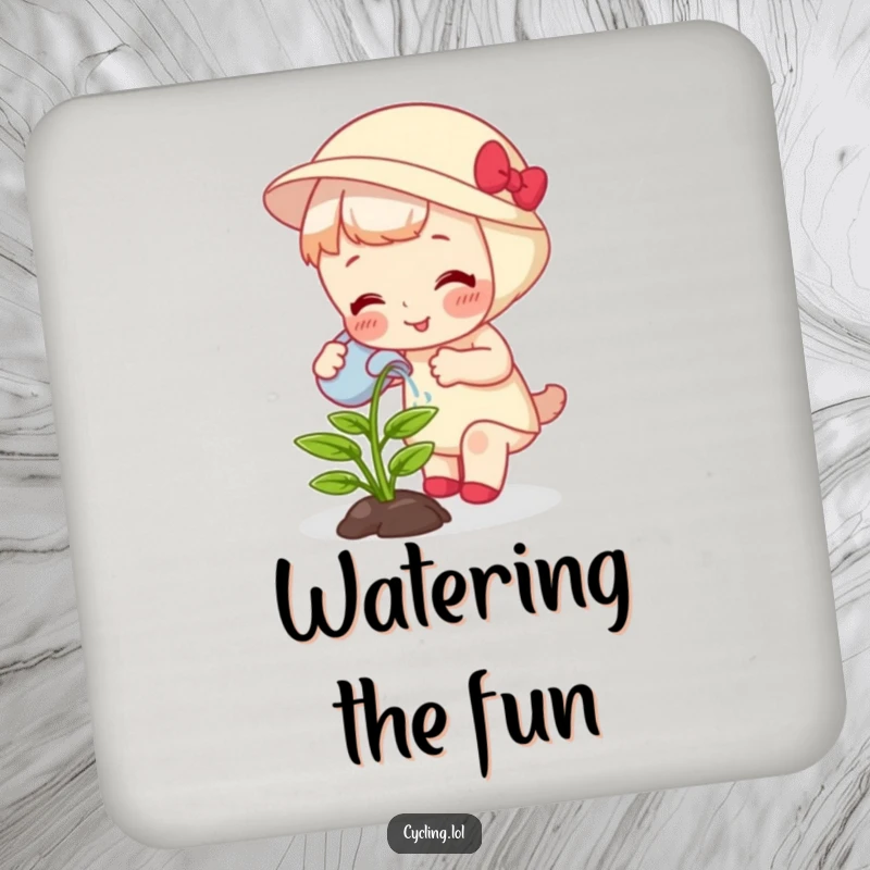 Funny drink coaster depicting a character watering a giggling, growing plant, a cute and humorous table accessory.