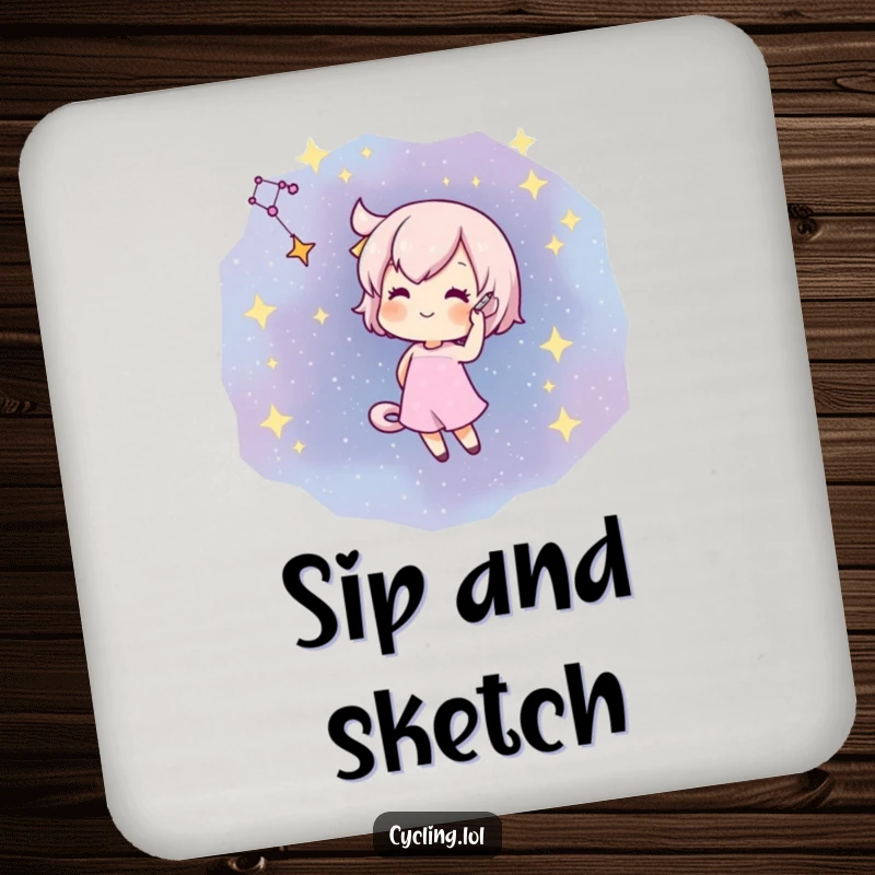Funny drink coaster featuring a character artistically drawing a constellation with a flourish on a star-filled night sky.