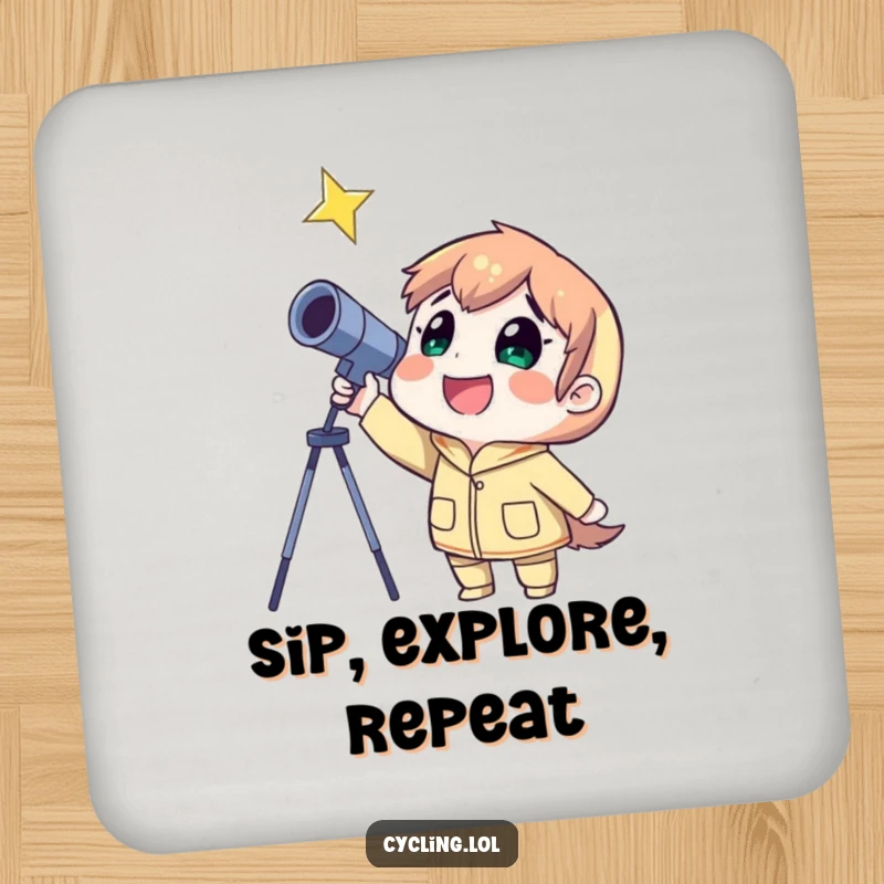 Funny drink coasters featuring a smiling stargazer character with a telescope, protecting surfaces with cosmic charm.