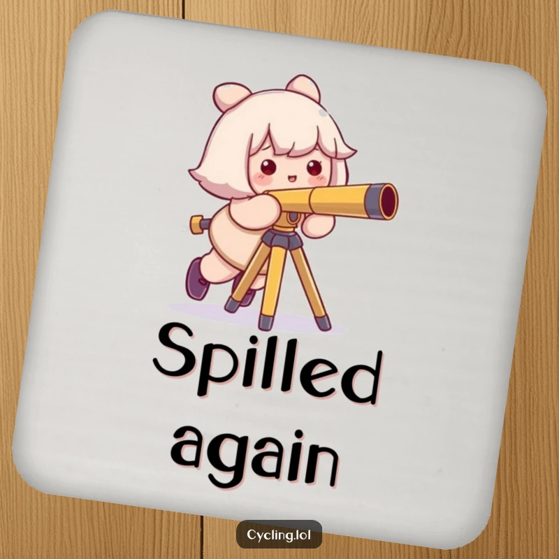 Funny drink coaster featuring a character comically tripping over a telescope tripod, adding a sheepish smile and cosmic humor.