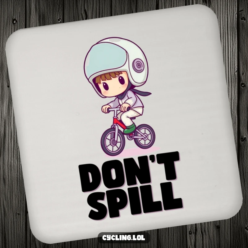 Funny coaster showing a character with a comically large helmet, wobbling precariously on a unicycle, protecting surfaces with humor.
