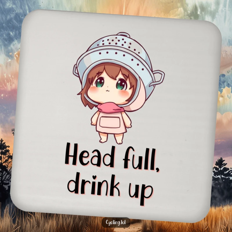 Funny drink coasters showing a character in a colander helmet looking up with wonder, protecting surfaces humorously.