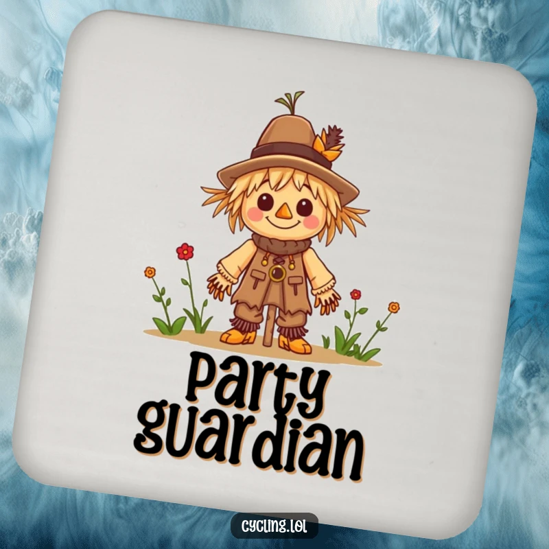Funny drink coaster with a cheerful scarecrow builder character, adding a touch of DIY humor to tabletops.