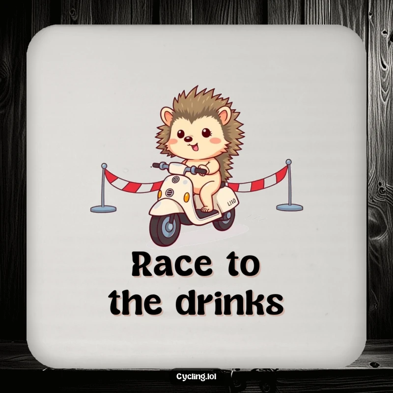 Funny drink coaster featuring a small hedgehog triumphantly crossing a finish line on a scooter, offering humorous victory.