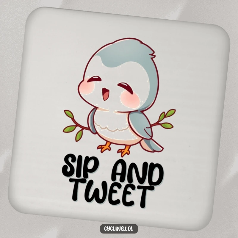 Funny drink coaster with a character with head tilted, listening intently to bird sounds with delight, protecting surfaces with nature vibes.
