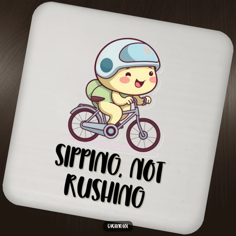 Funny snail coaster showing a happy snail in a tiny helmet, cycling very slowly.