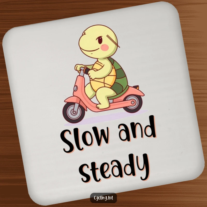 Funny coaster: A cheerful turtle riding a scooter backwards, a humorous and practical addition.