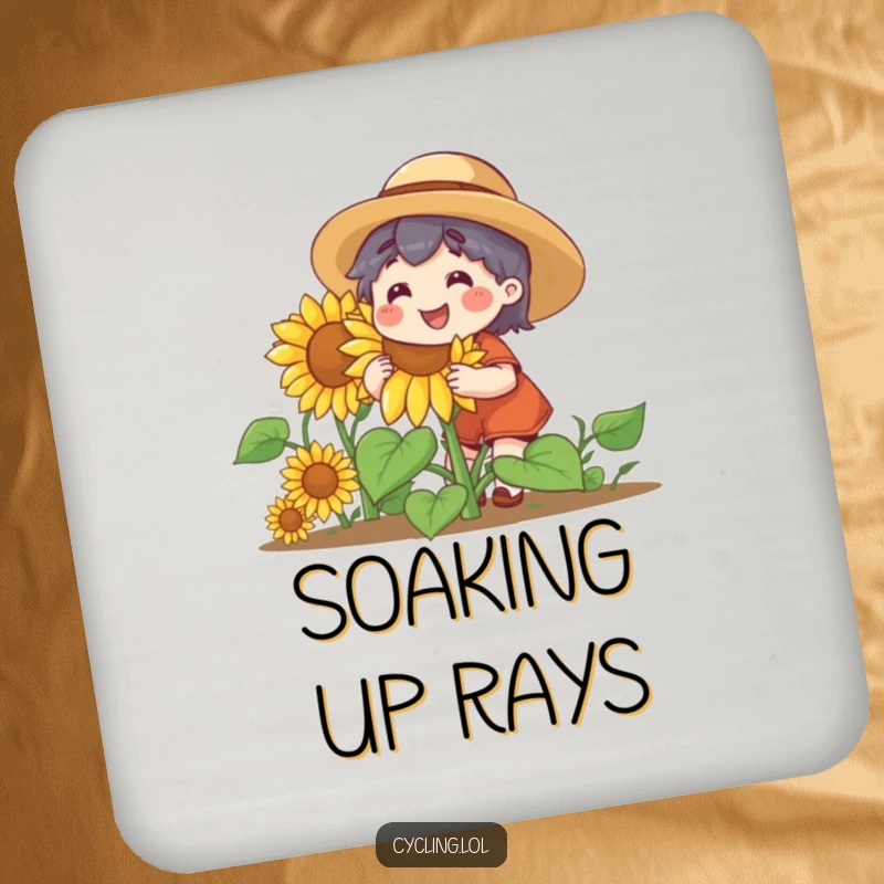 Funny drink coaster showing a character in a straw hat, joyfully tending a giant, smiling sunflower. Protects furniture with humor.