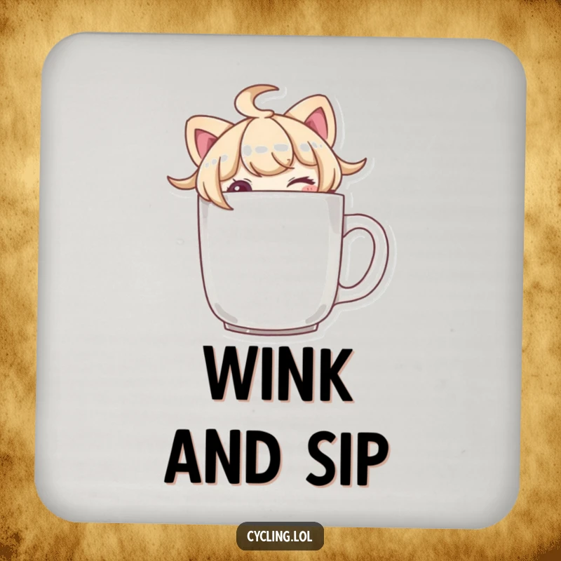 Funny character peeking over a mug brim and winking on a drink coaster, adding a playful and cheeky touch.