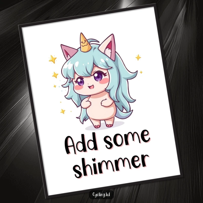 Funny character with a mischievous twinkle throwing glittery stardust across a vibrant poster print, full of enchantment.