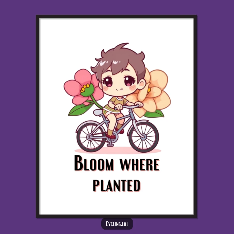 Funny Bicycle Flower Poster, Determined Rider, Cheerful Art, Giant Floral Print