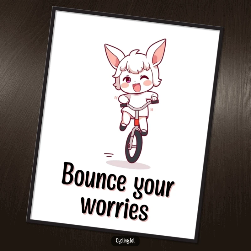 Funny poster of a character bouncing with glee on a unicycle, ears flapping, capturing a moment of pure, infectious excitement.