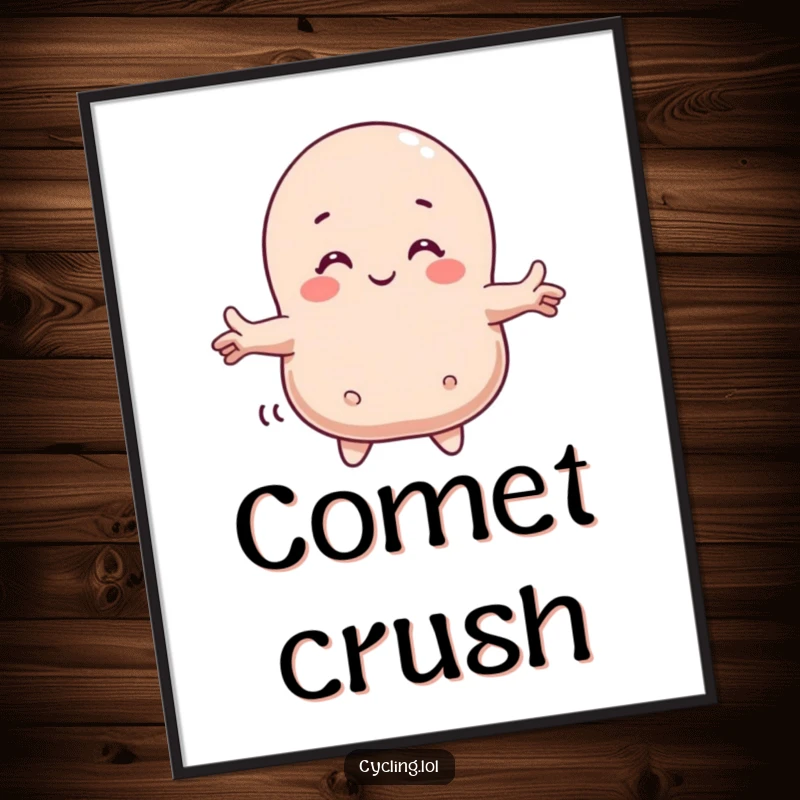 Funny poster print of a character joyfully embracing a smiling comet, showcasing a whimsical and heartwarming interstellar connection.