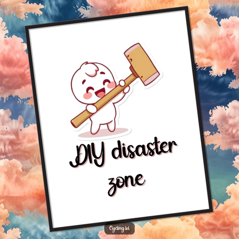 Funny poster art of a character joyfully hammering a pretend nail with a comically large hammer, capturing an absurdly cheerful moment.