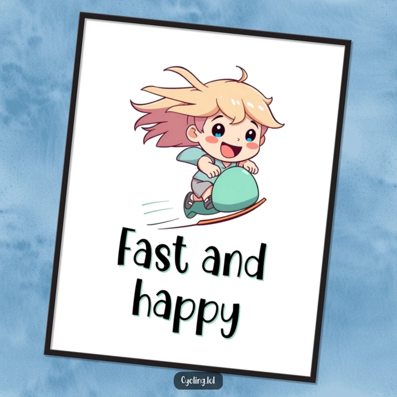 Funny speed poster illustrating a character joyfully speeding downhill with windblown hair and an ecstatic smile.