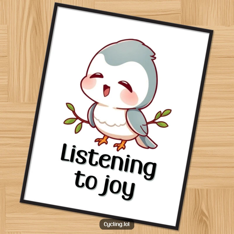 Funny poster featuring a character with head tilted, listening intently to bird sounds with delight, perfect for nature-themed decor.