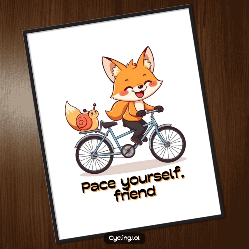 Funny poster depicting a grinning fox and snail pedaling a tandem bike, a humorous and heartwarming scene of cooperation.