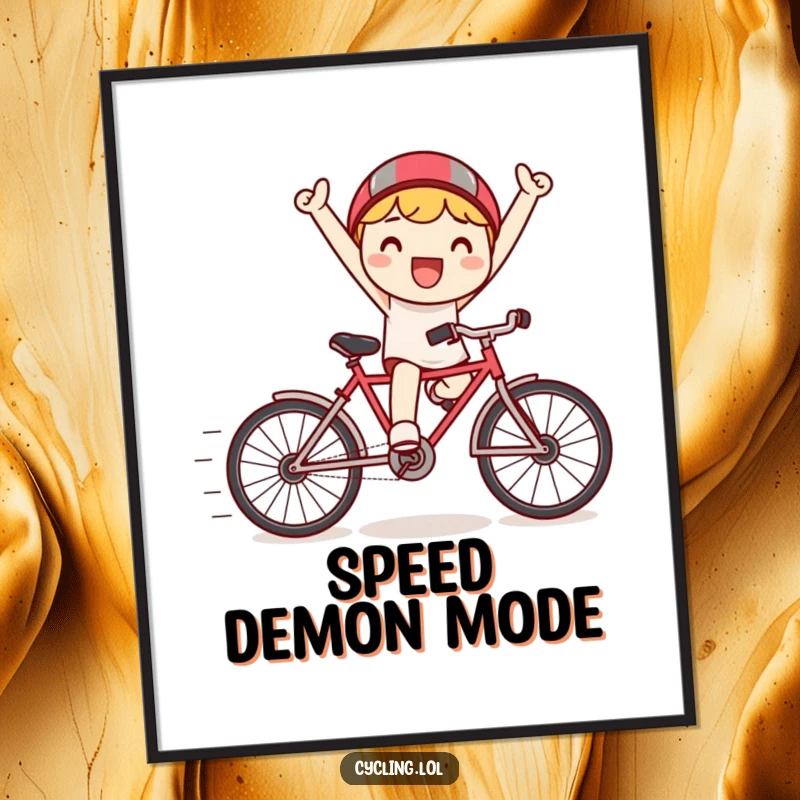 Funny poster depicting a happy Kawaii character celebrating victory while riding a tiny bicycle with dramatic speed lines.